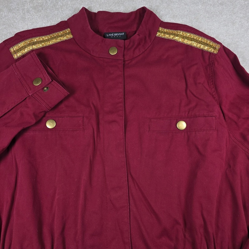 Lane‎ Bryant Field Jacket Womens 22/24 Burgundy Gold Epaulets Snap Mid-Length